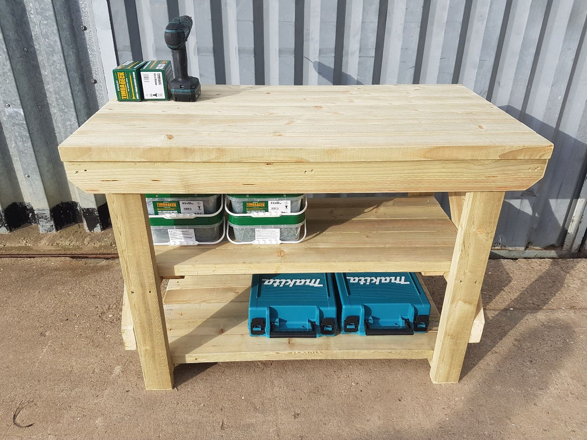 Indoor/outdoor workbench, pressure treated bench with double shelf - SGP Garden Ltd