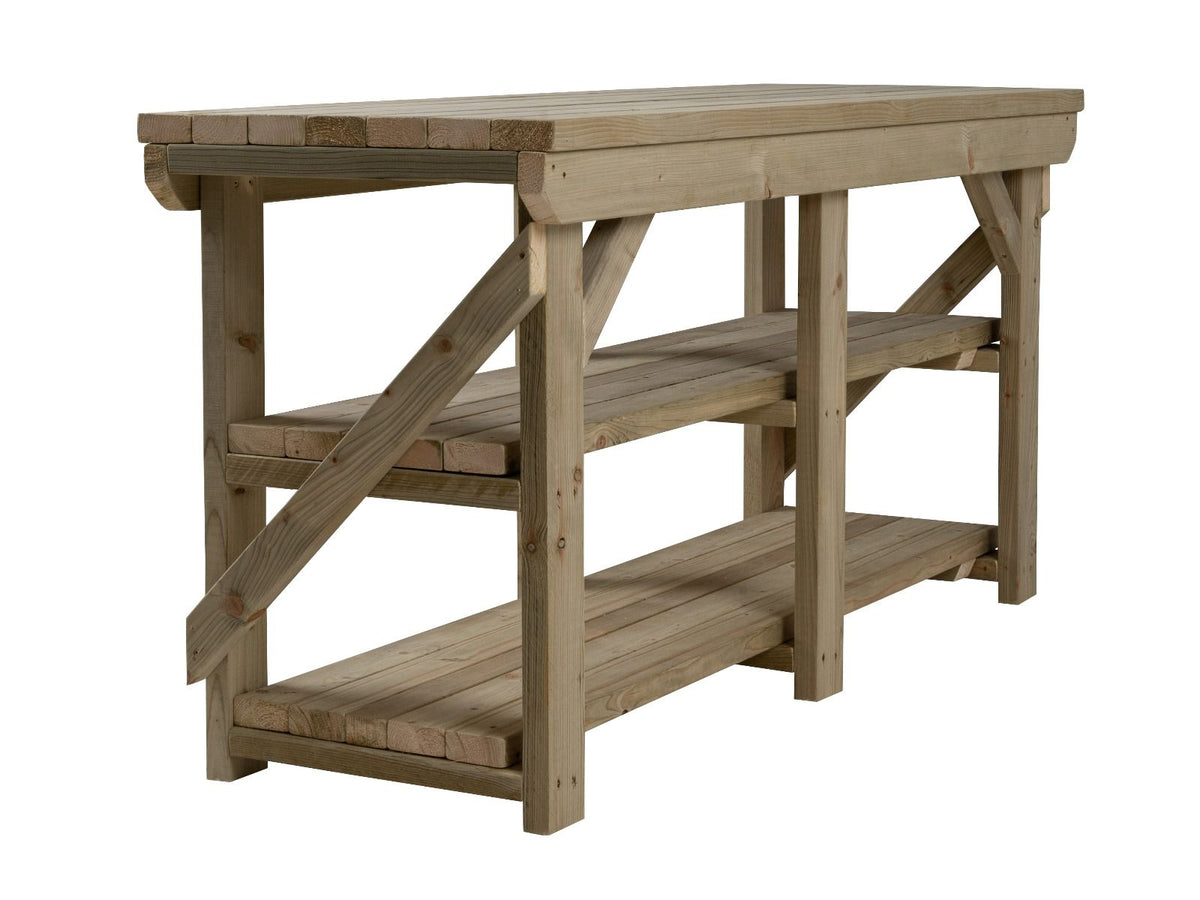 Indoor/outdoor workbench, pressure treated bench with double shelf - SGP Garden Ltd