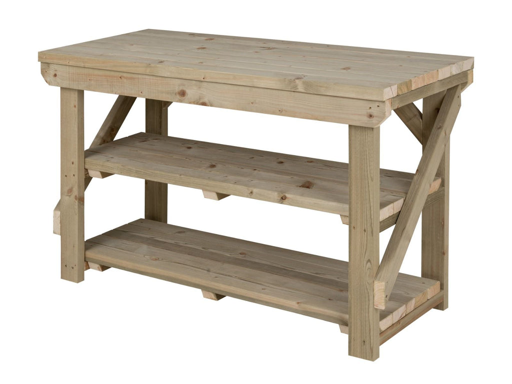 Indoor/outdoor workbench, pressure treated bench with double shelf - SGP Garden Ltd