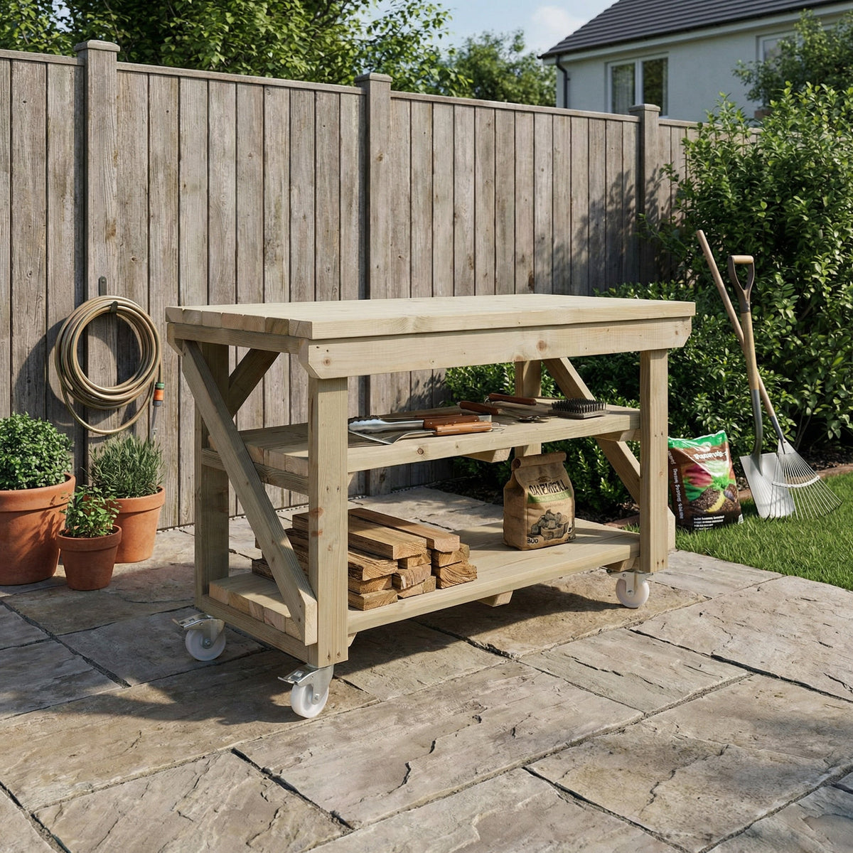 Indoor/outdoor workbench, pressure treated bench with double shelf and wheels - SGP Garden Ltd