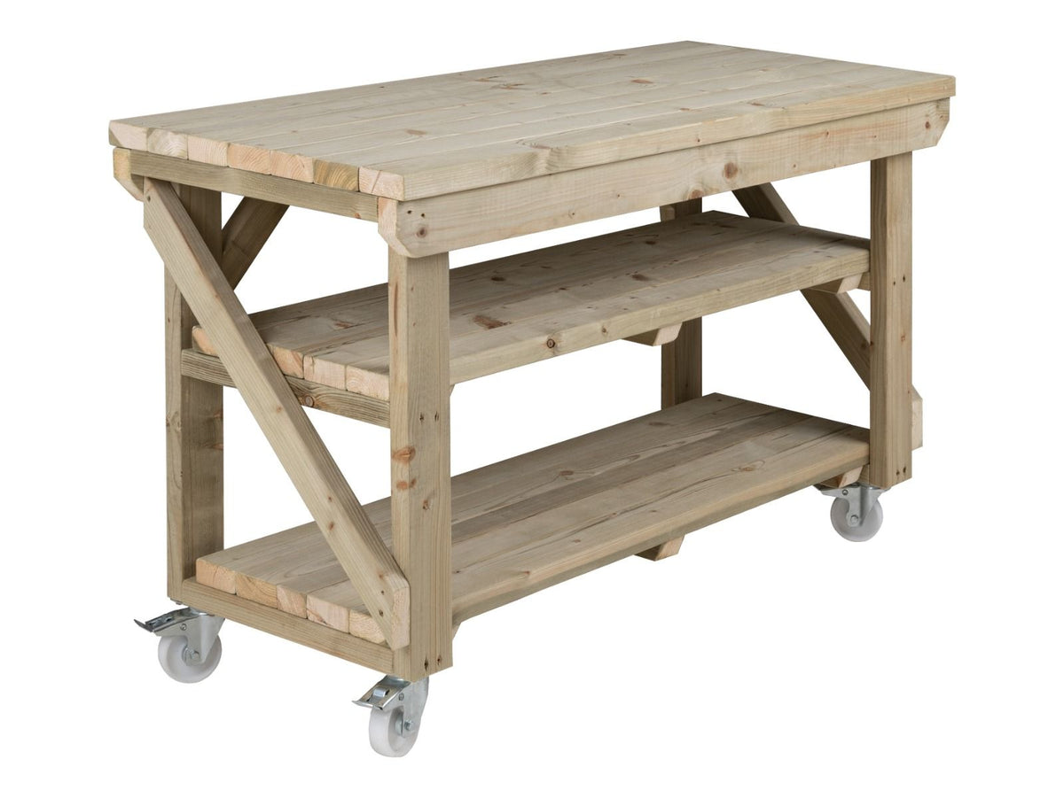 Indoor/outdoor workbench, pressure treated bench with double shelf and wheels - SGP Garden Ltd