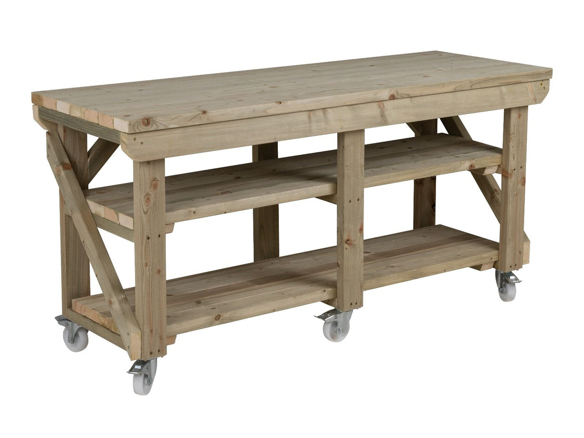 Indoor/outdoor workbench, pressure treated bench with double shelf and wheels - SGP Garden Ltd