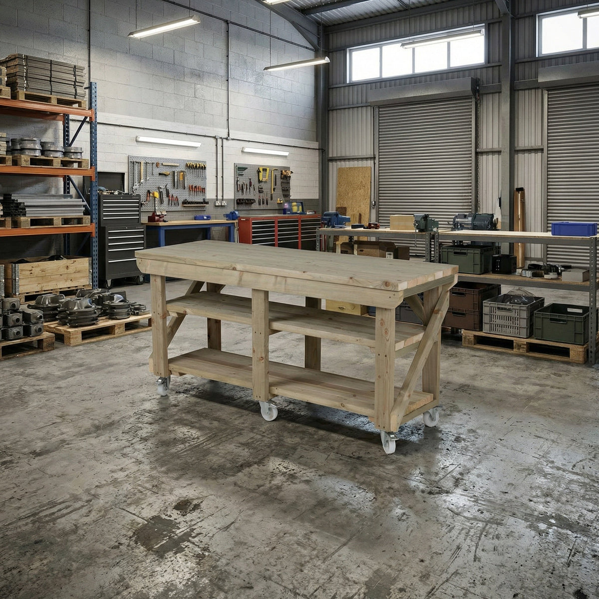 Indoor/outdoor workbench, pressure treated bench with double shelf and wheels - SGP Garden Ltd