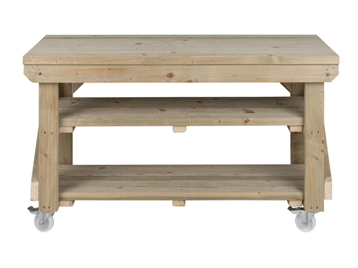 Indoor/outdoor workbench, pressure treated bench with double shelf and wheels - SGP Garden Ltd