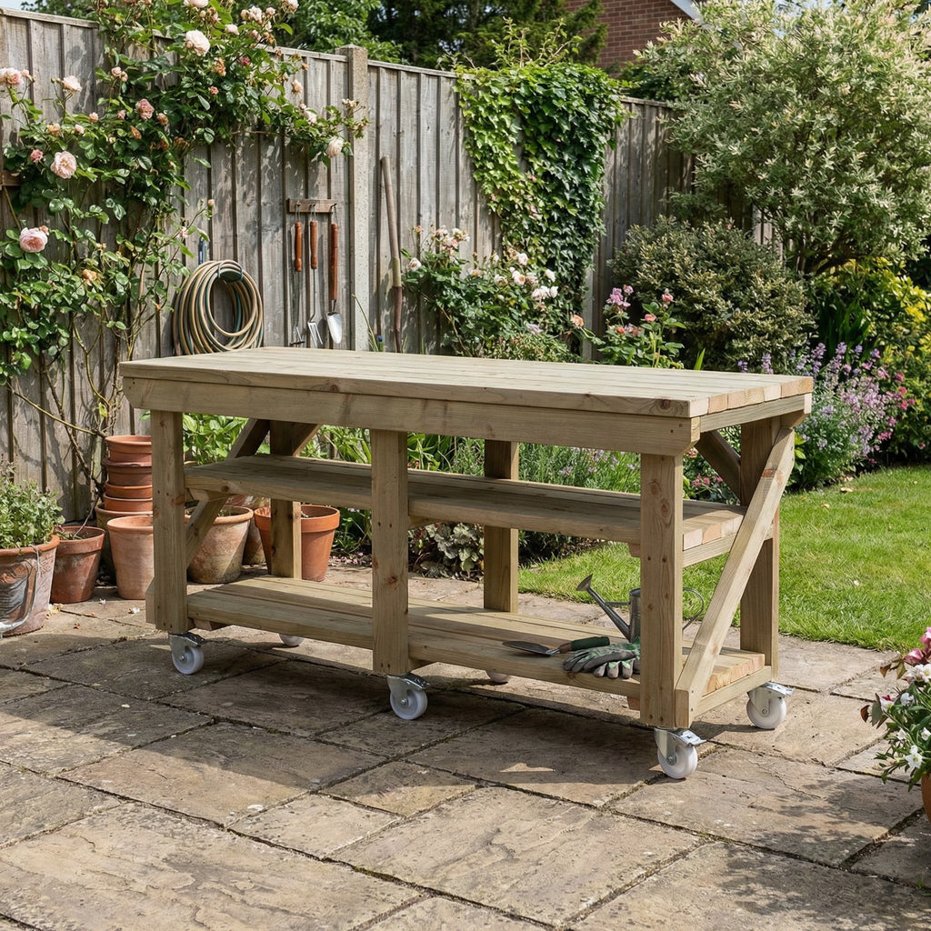 Indoor/outdoor workbench, pressure treated bench with double shelf and wheels - SGP Garden Ltd