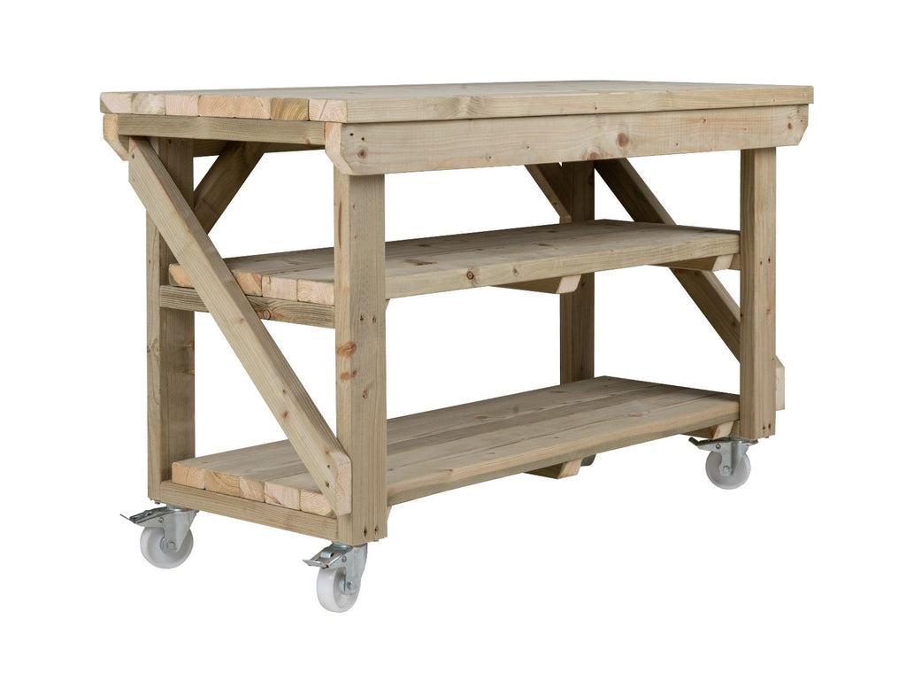 Indoor/outdoor workbench, pressure treated bench with double shelf and wheels - SGP Garden Ltd