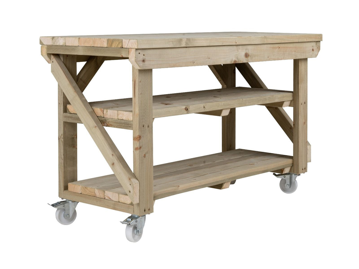 Indoor/outdoor workbench, pressure treated bench with double shelf and wheels - SGP Garden Ltd
