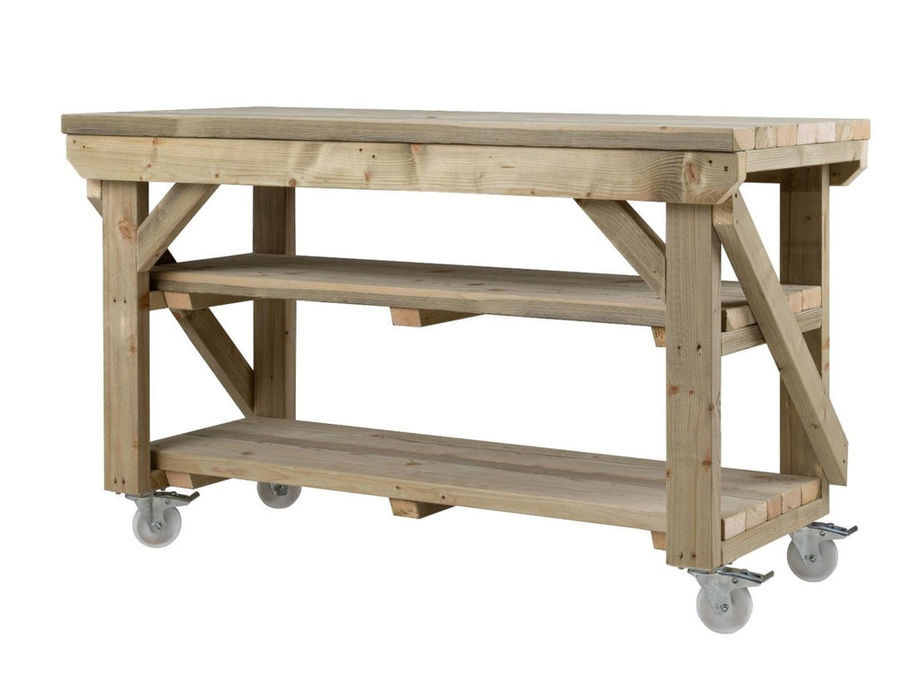 Indoor/outdoor workbench, pressure treated bench with double shelf and wheels - SGP Garden Ltd