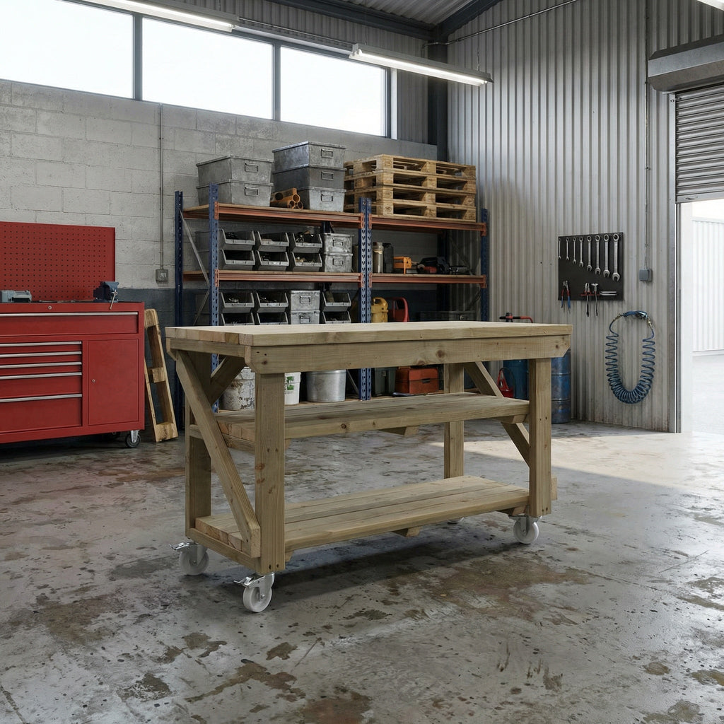 Indoor/outdoor workbench, pressure treated bench with double shelf and wheels - SGP Garden Ltd