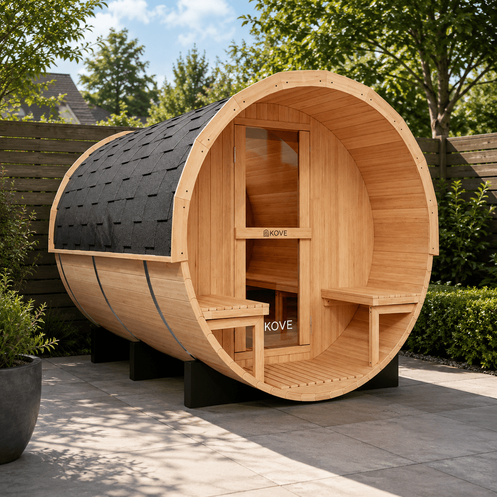 KOVE Outdoor Barrel Sauna – 4–6 Person Garden Sauna with 6kW Harvia Electric Heater - SGP Garden Ltd