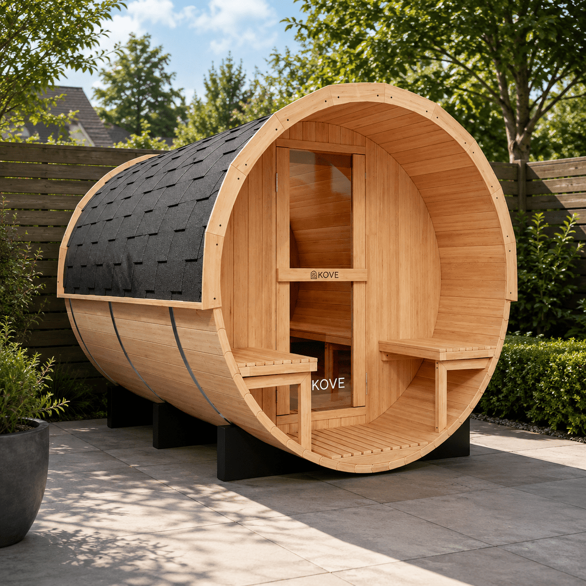 KOVE Outdoor Barrel Sauna – 4–6 Person Garden Sauna with 6kW Harvia Electric Heater - SGP Garden Ltd