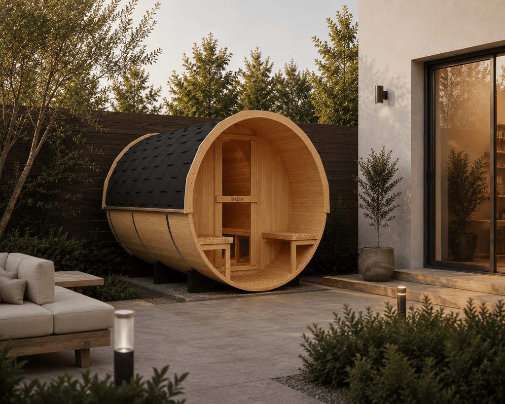 KOVE Outdoor Barrel Sauna – 4–6 Person Garden Sauna with 6kW Harvia Electric Heater - SGP Garden Ltd