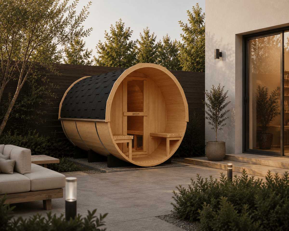 KOVE Outdoor Barrel Sauna – 4–6 Person Garden Sauna with 6kW Harvia Electric Heater - SGP Garden Ltd