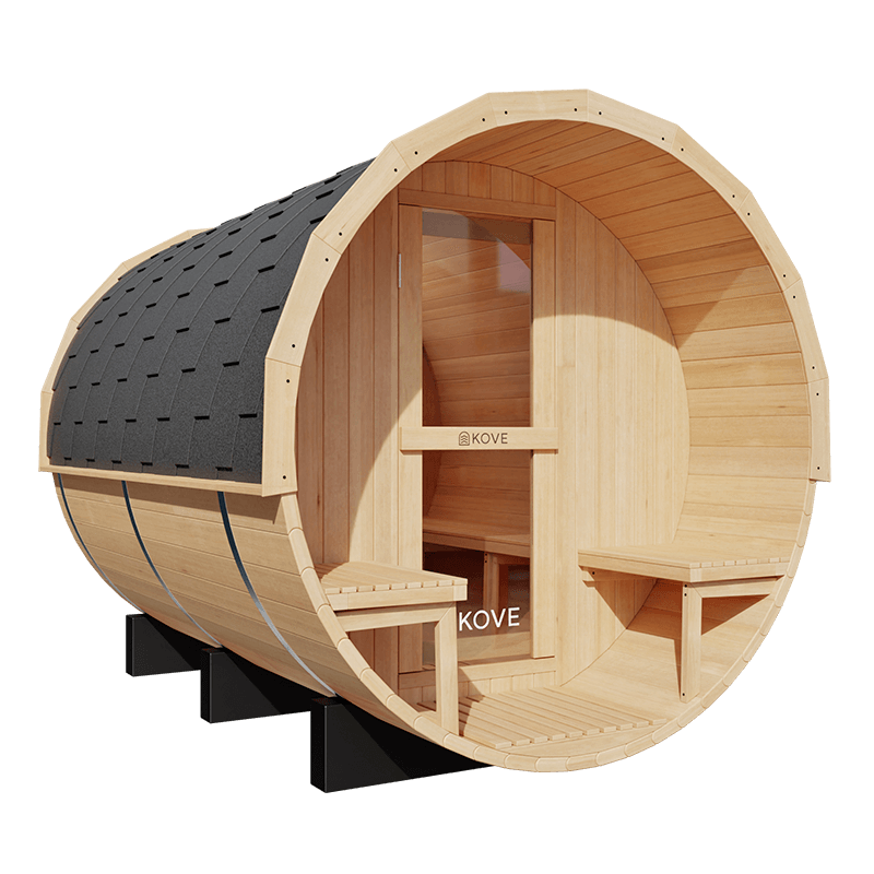 KOVE Outdoor Barrel Sauna – 4–6 Person Garden Sauna with 6kW Harvia Electric Heater - SGP Garden Ltd