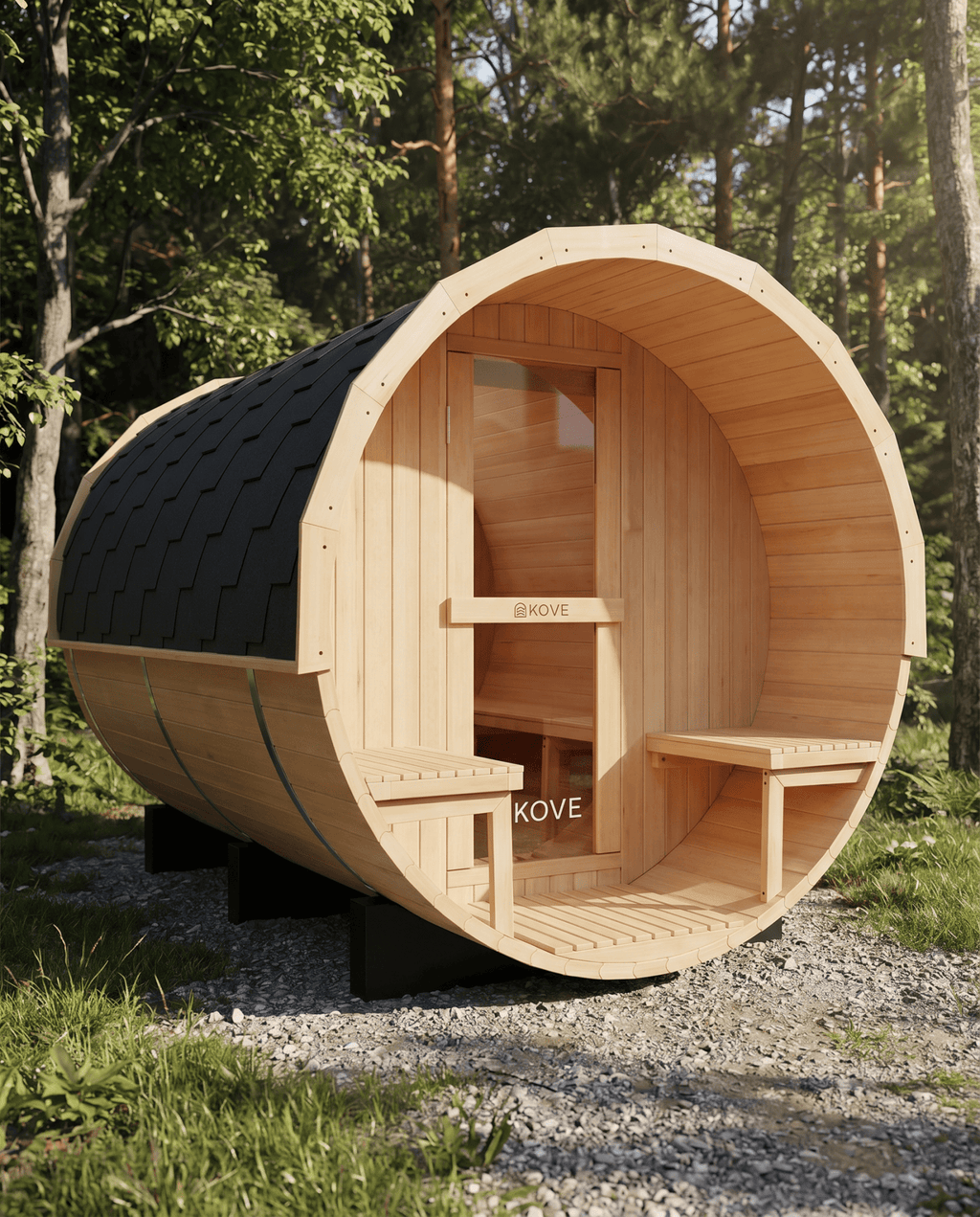 KOVE Outdoor Barrel Sauna – 4–6 Person Garden Sauna with 6kW Harvia Electric Heater - SGP Garden Ltd