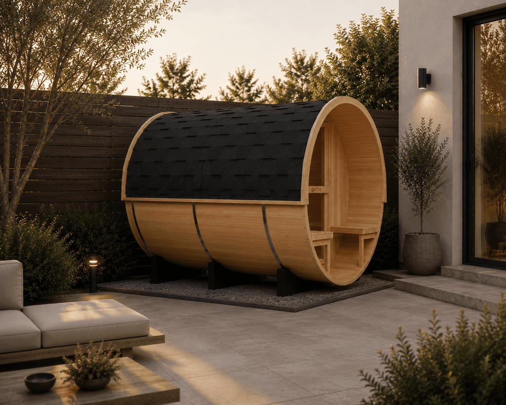 KOVE Outdoor Barrel Sauna – 4–6 Person Garden Sauna with 6kW Harvia Electric Heater - SGP Garden Ltd