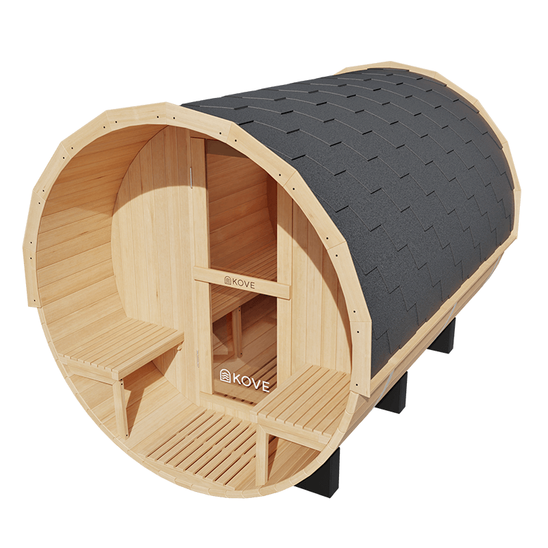 KOVE Outdoor Barrel Sauna – 4–6 Person Garden Sauna with 6kW Harvia Electric Heater - SGP Garden Ltd