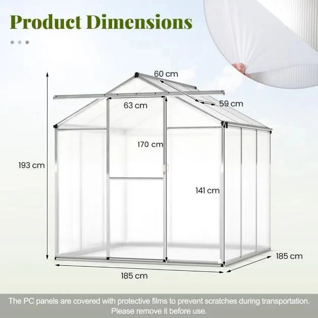 Large Walk‑In Polycarbonate Greenhouse (185 × 185 cm / 244 × 185 cm) - SGP Garden Ltd