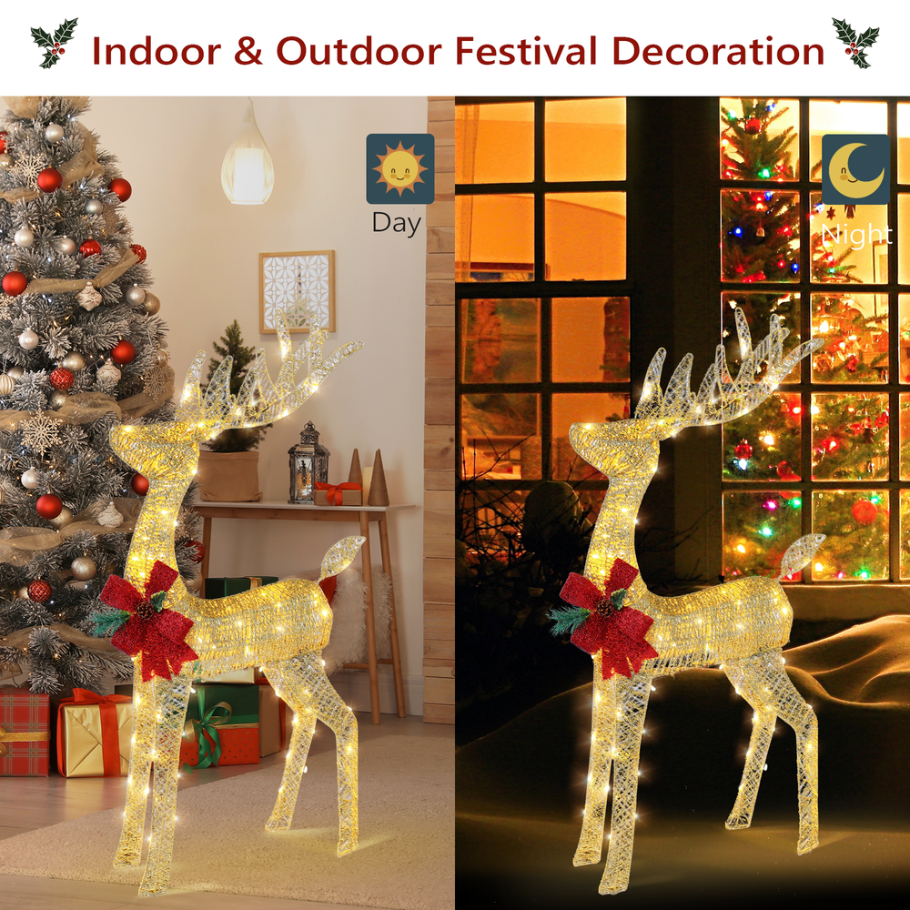 Lighted Christmas Reindeer Outdoor Decorations, Weather Proof 4ft Santa's Sleigh Reindeer Christmas Ornament Indoor Home Decor Pre-lit 180 LED Lights with Stakes, Zip Ties Secured - SGP Garden Ltd