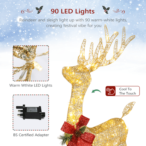 Lighted Christmas Reindeer Outdoor Decorations, Weather Proof 4ft Santa's Sleigh Reindeer Christmas Ornament Indoor Home Decor Pre-lit 180 LED Lights with Stakes, Zip Ties Secured - SGP Garden Ltd