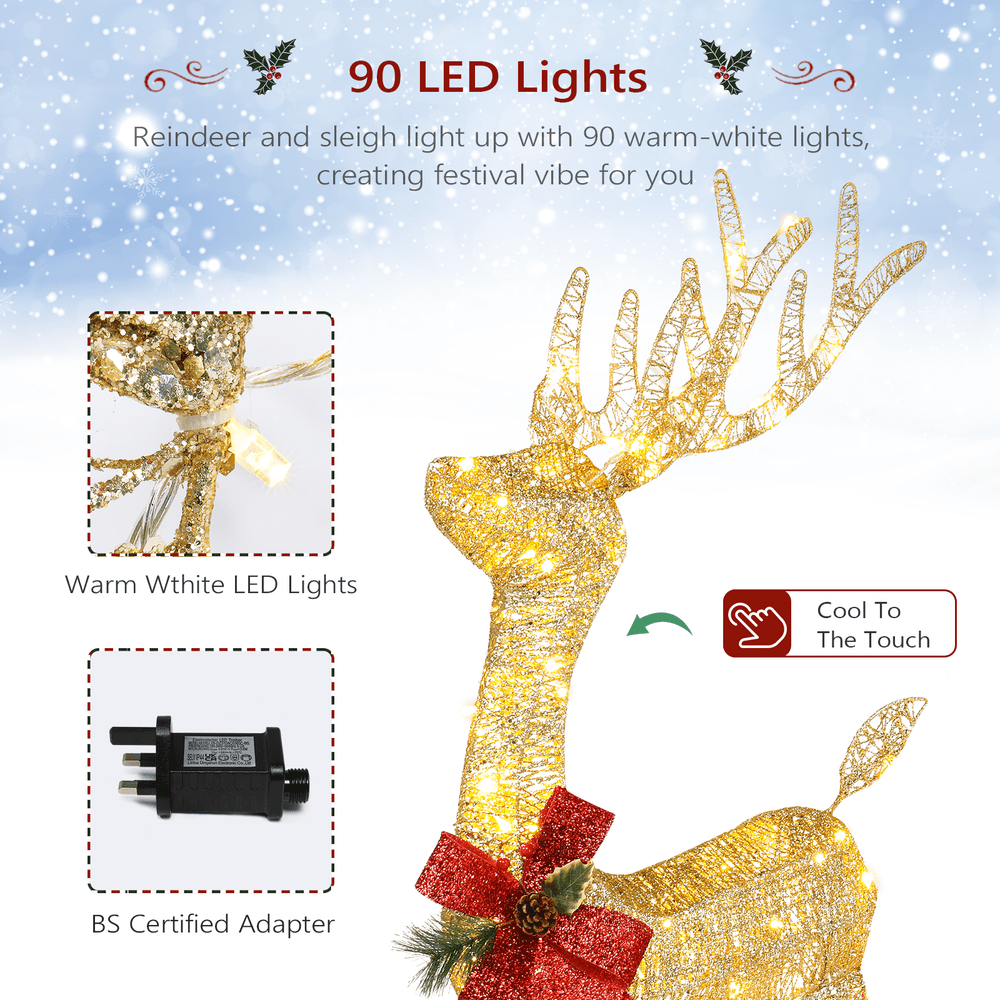 Lighted Christmas Reindeer Outdoor Decorations, Weather Proof 4ft Santa's Sleigh Reindeer Christmas Ornament Indoor Home Decor Pre-lit 180 LED Lights with Stakes, Zip Ties Secured - SGP Garden Ltd