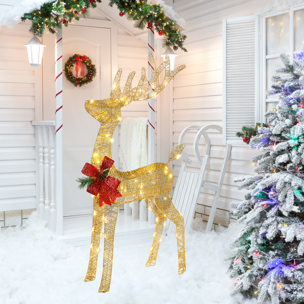 Lighted Christmas Reindeer Outdoor Decorations, Weather Proof 4ft Santa's Sleigh Reindeer Christmas Ornament Indoor Home Decor Pre-lit 180 LED Lights with Stakes, Zip Ties Secured - SGP Garden Ltd