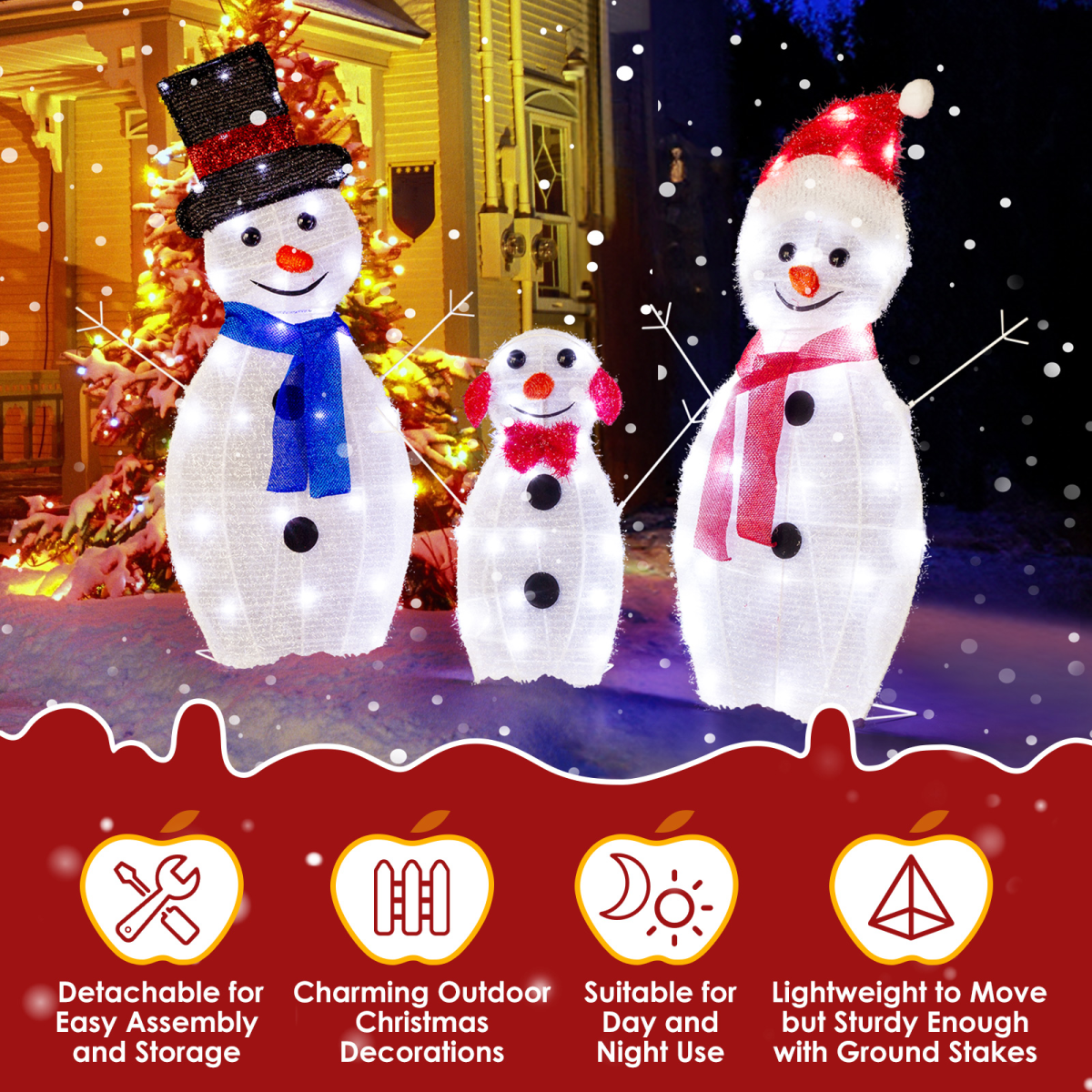 Lighted Snowman Christmas Yard Decorations, Set of 3 Pre-lit 2D Snowman Family with 80 LED White Lights and Stakes for Xmas Outdoor Holiday Indoor Decor Lighted Holiday Displays - SGP Garden Ltd