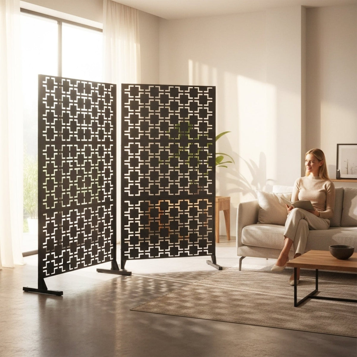 Metal Indoor/Outdoor Privacy Screen with Stand 120cm x 180cm - Squares - SGP Garden Ltd