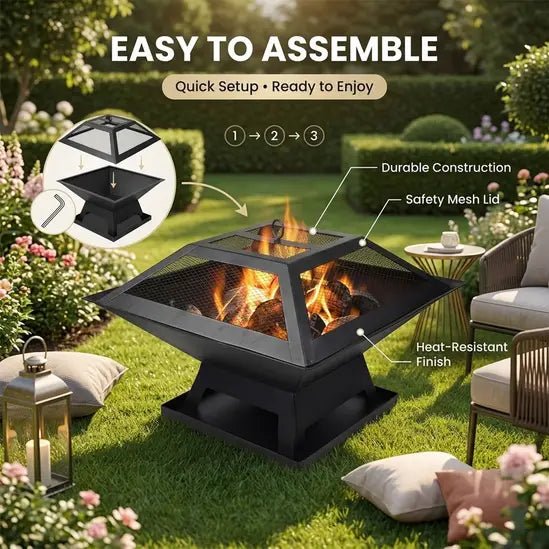 Metal Square Firepit Table Backyard Patio Garden Stove Wood Burning Fire Pit - SGP Garden Ltd