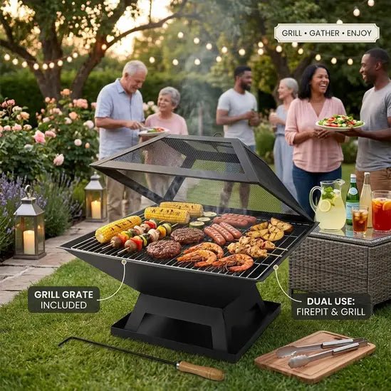 Metal Square Firepit Table Backyard Patio Garden Stove Wood Burning Fire Pit - SGP Garden Ltd