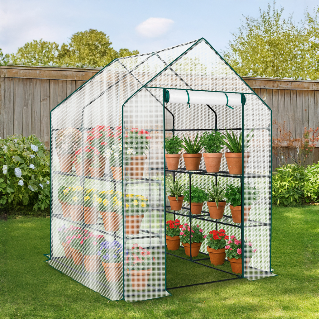 Mini Walk-in Greenhouse with PE Cover, 8-Shelf Indoor Outdoor Plant Gardening Green House for Garden Backyard, 56" x 56" x 77", White - SGP Garden Ltd