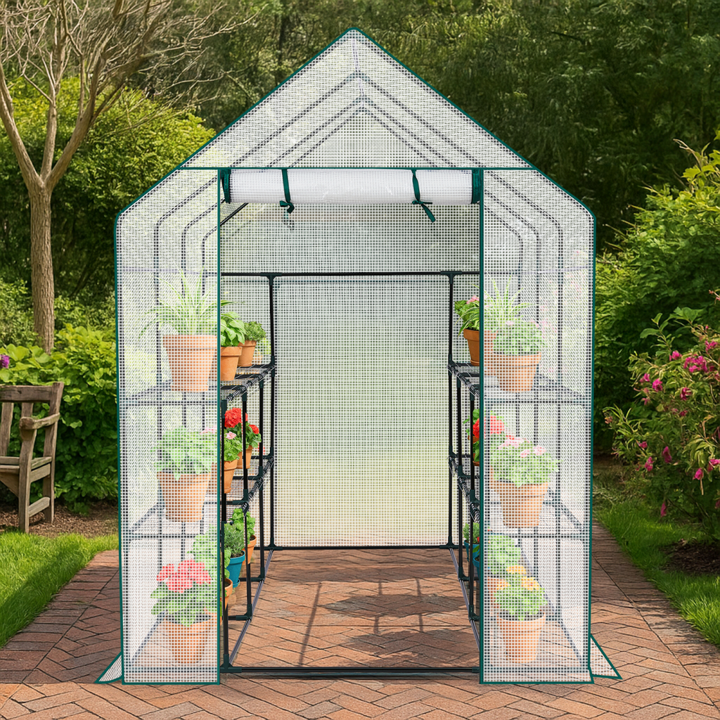Mini Walk-in Greenhouse with PE Cover, 8-Shelf Indoor Outdoor Plant Gardening Green House for Garden Backyard, 56" x 56" x 77", White - SGP Garden Ltd