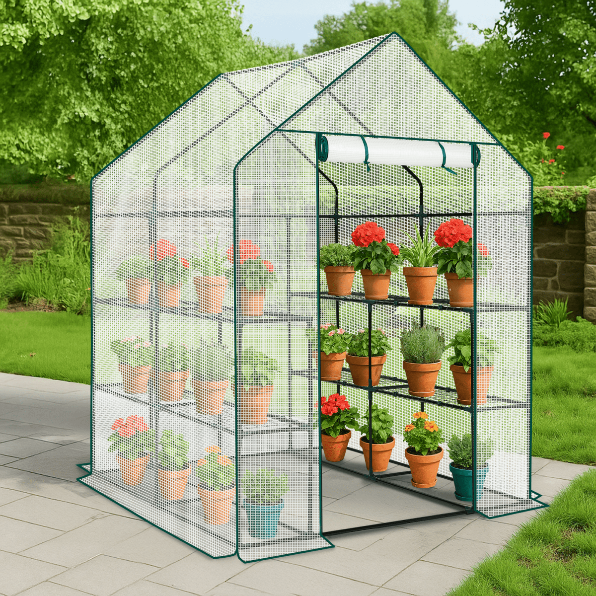 Mini Walk-in Greenhouse with PE Cover, 8-Shelf Indoor Outdoor Plant Gardening Green House for Garden Backyard, 56" x 56" x 77", White - SGP Garden Ltd