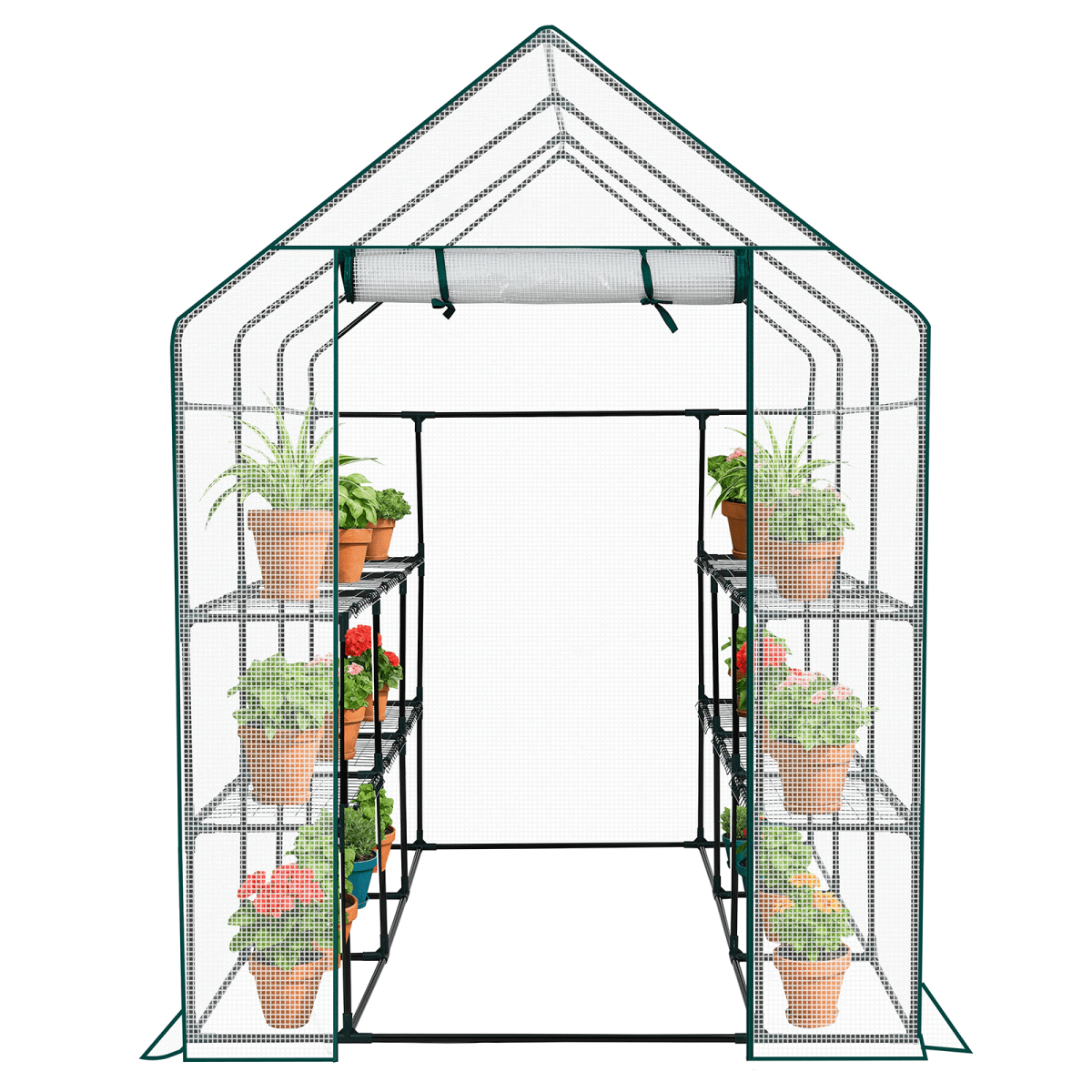 Mini Walk-in Greenhouse with PE Cover, 8-Shelf Indoor Outdoor Plant Gardening Green House for Garden Backyard, 56" x 56" x 77", White - SGP Garden Ltd