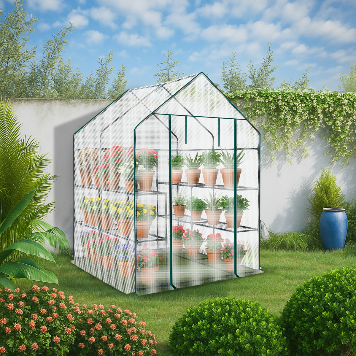 Mini Walk-in Greenhouse with PE Cover, 8-Shelf Indoor Outdoor Plant Gardening Green House for Garden Backyard, 56" x 56" x 77", White - SGP Garden Ltd