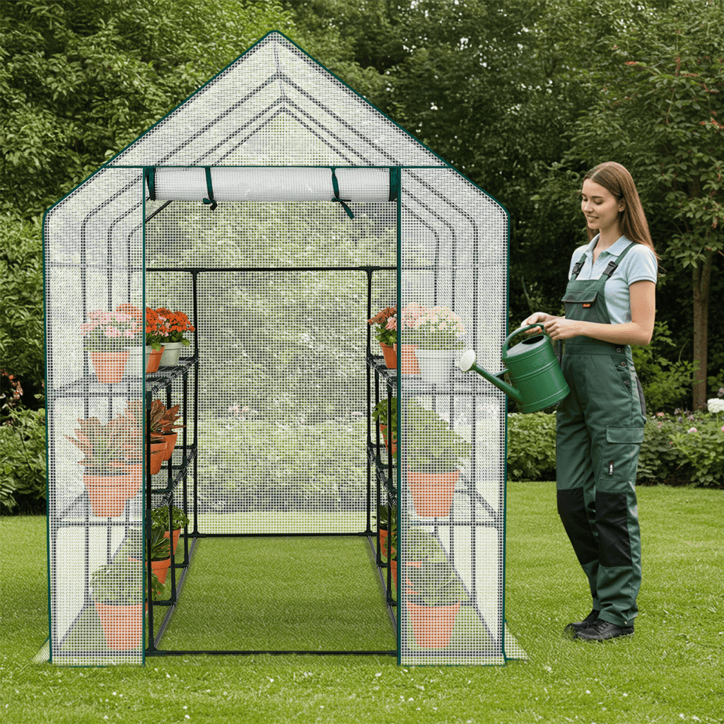 Mini Walk-in Greenhouse with PE Cover, 8-Shelf Indoor Outdoor Plant Gardening Green House for Garden Backyard, 56" x 56" x 77", White - SGP Garden Ltd