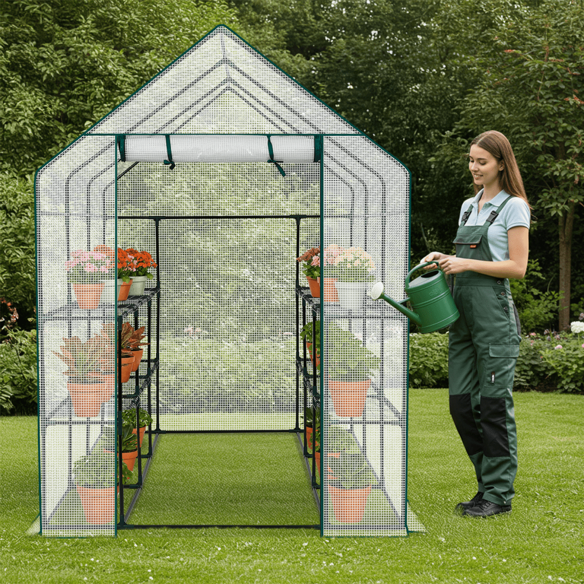 Mini Walk-in Greenhouse with PE Cover, 8-Shelf Indoor Outdoor Plant Gardening Green House for Garden Backyard, 56" x 56" x 77", White - SGP Garden Ltd