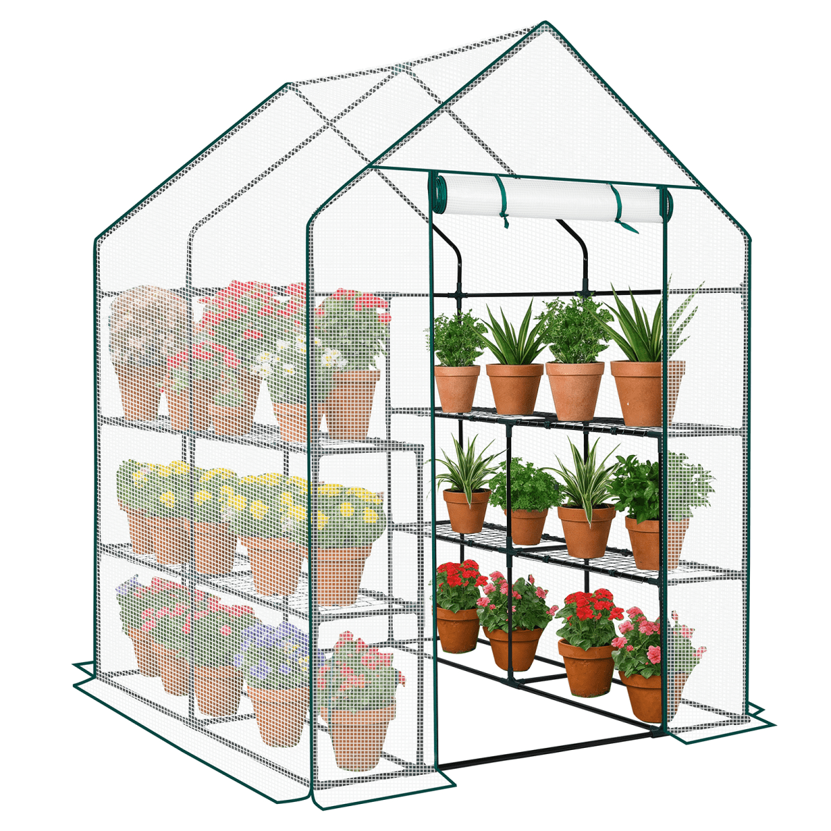 Mini Walk-in Greenhouse with PE Cover, 8-Shelf Indoor Outdoor Plant Gardening Green House for Garden Backyard, 56" x 56" x 77", White - SGP Garden Ltd
