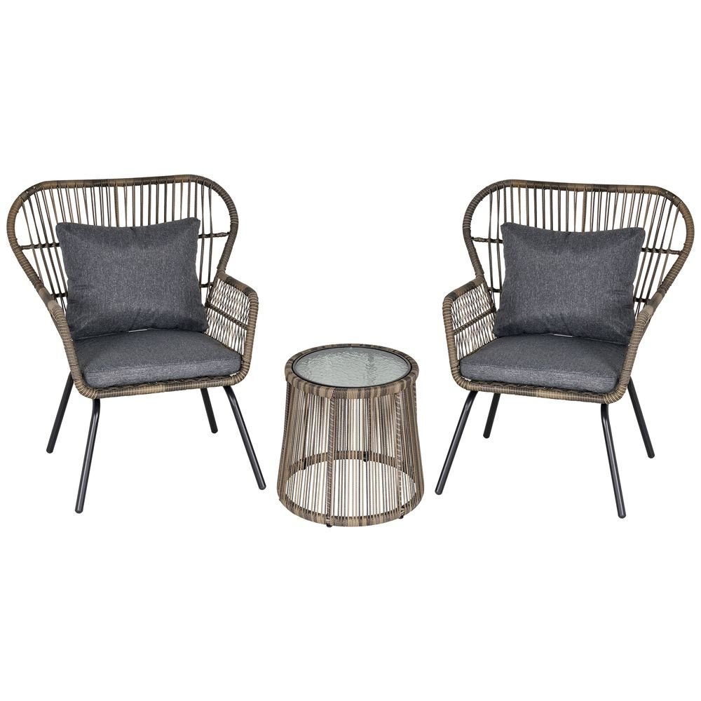 Modern Grey Rattan Patio Set - 3 PCS Outdoor Seating w/ Cushions & Steel Frame - High Quality - SGP Garden Ltd