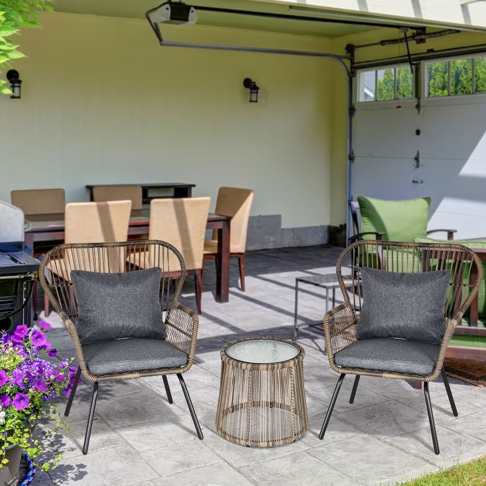 Modern Grey Rattan Patio Set - 3 PCS Outdoor Seating w/ Cushions & Steel Frame - High Quality - SGP Garden Ltd