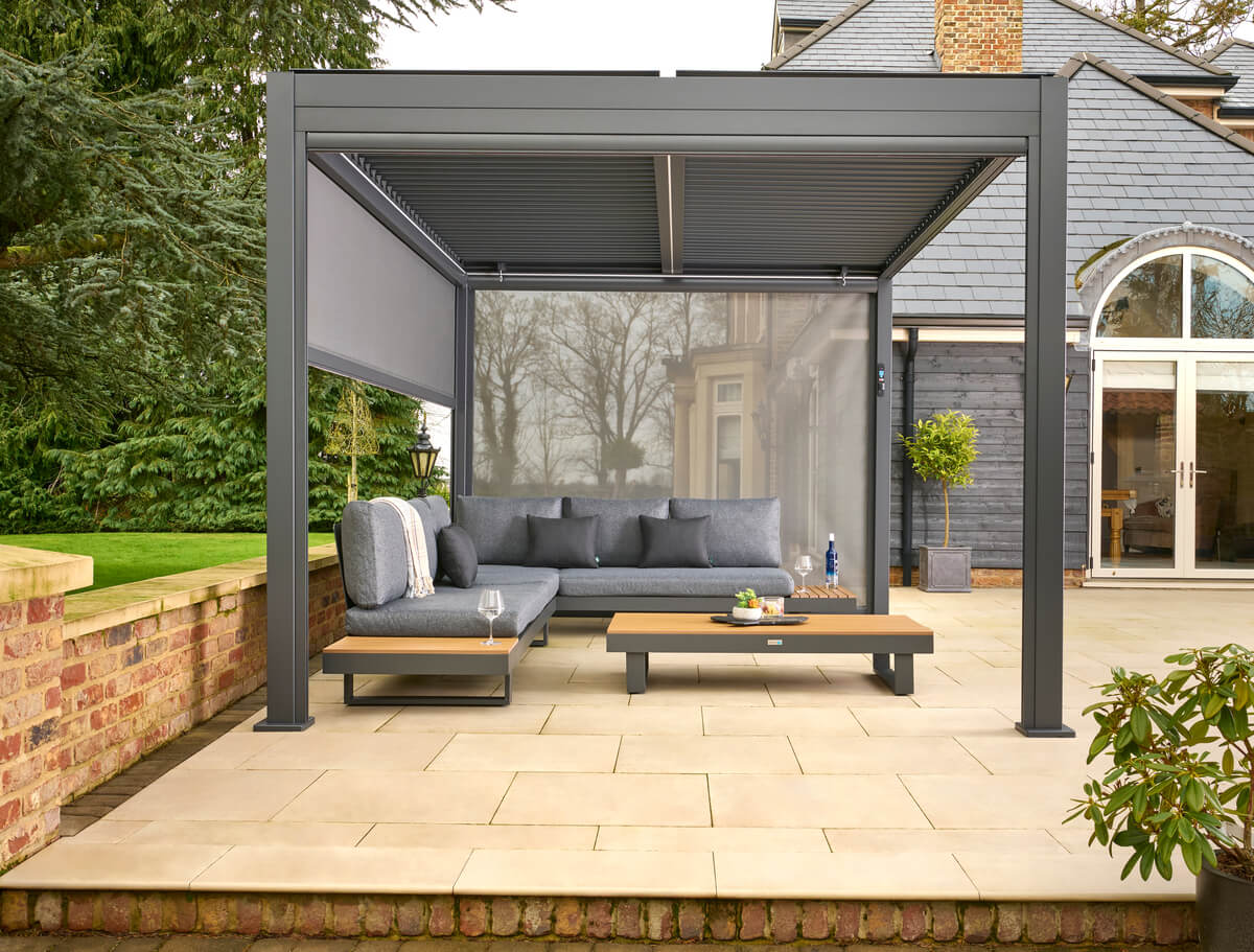 Nexus Pergola Bundle - Grey Aluminium 3m x 3m with LEDs and 3 Screens - SGP Garden Ltd