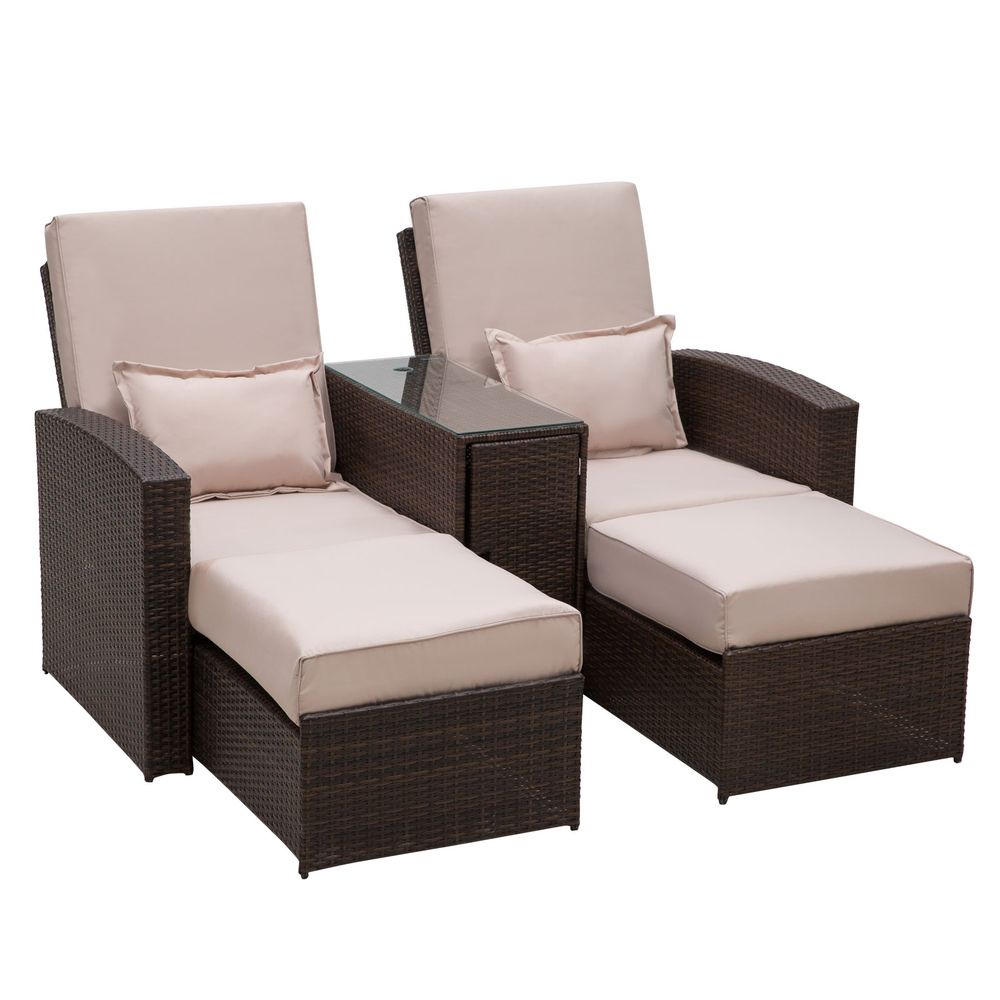 Outdoor Garden Double Rattan Sun Lounger Sofa Recliner Wicker Patio - Brown - SGP Garden Ltd