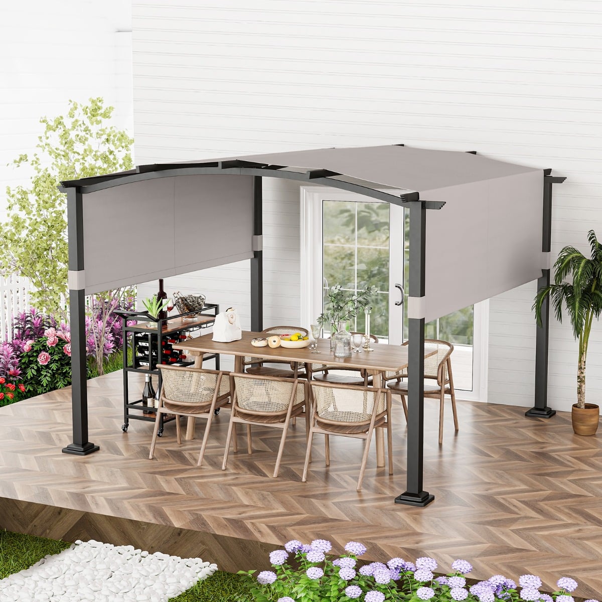 Outdoor Pergola with Retractable Sunshade Canopy and Anchored Plates-Beige - SGP Garden Ltd