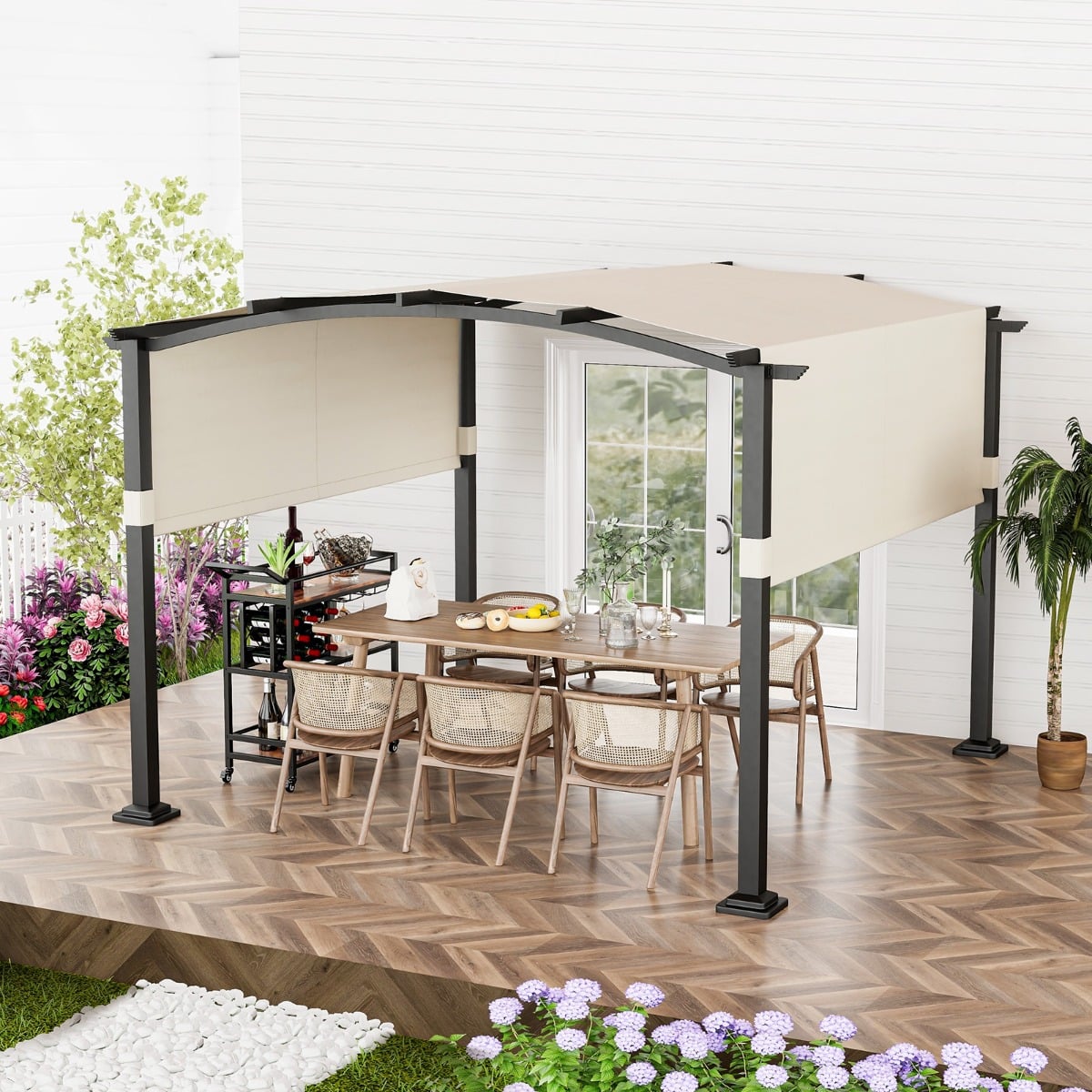 Outdoor Pergola with Retractable Sunshade Canopy and Anchored Plates-Beige - SGP Garden Ltd
