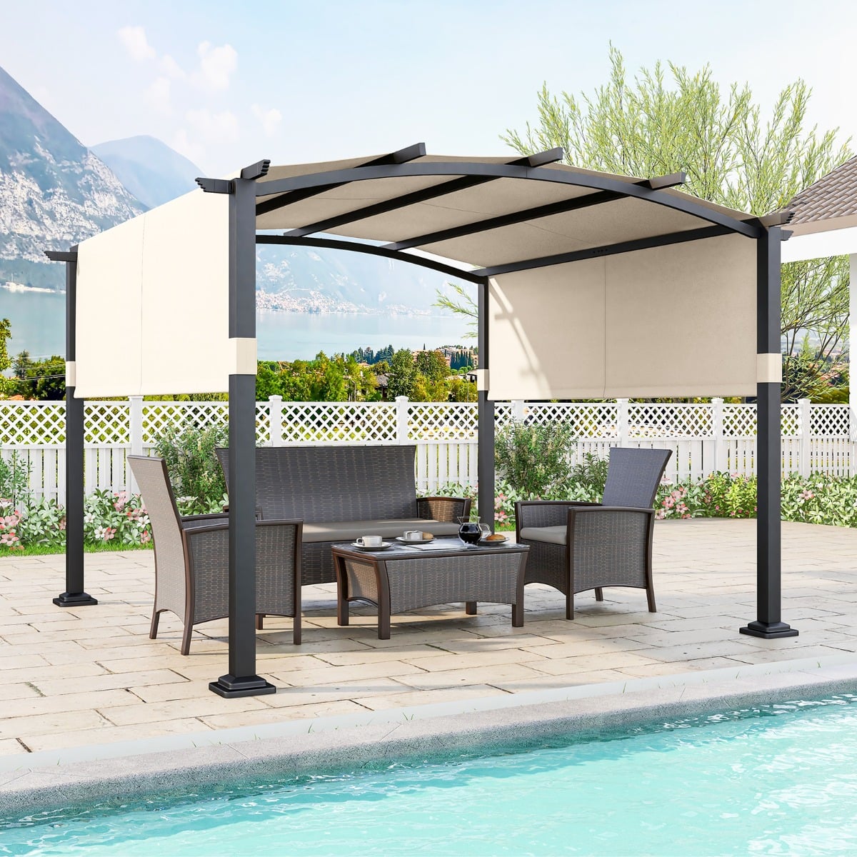 Outdoor Pergola with Retractable Sunshade Canopy and Anchored Plates-Beige - SGP Garden Ltd