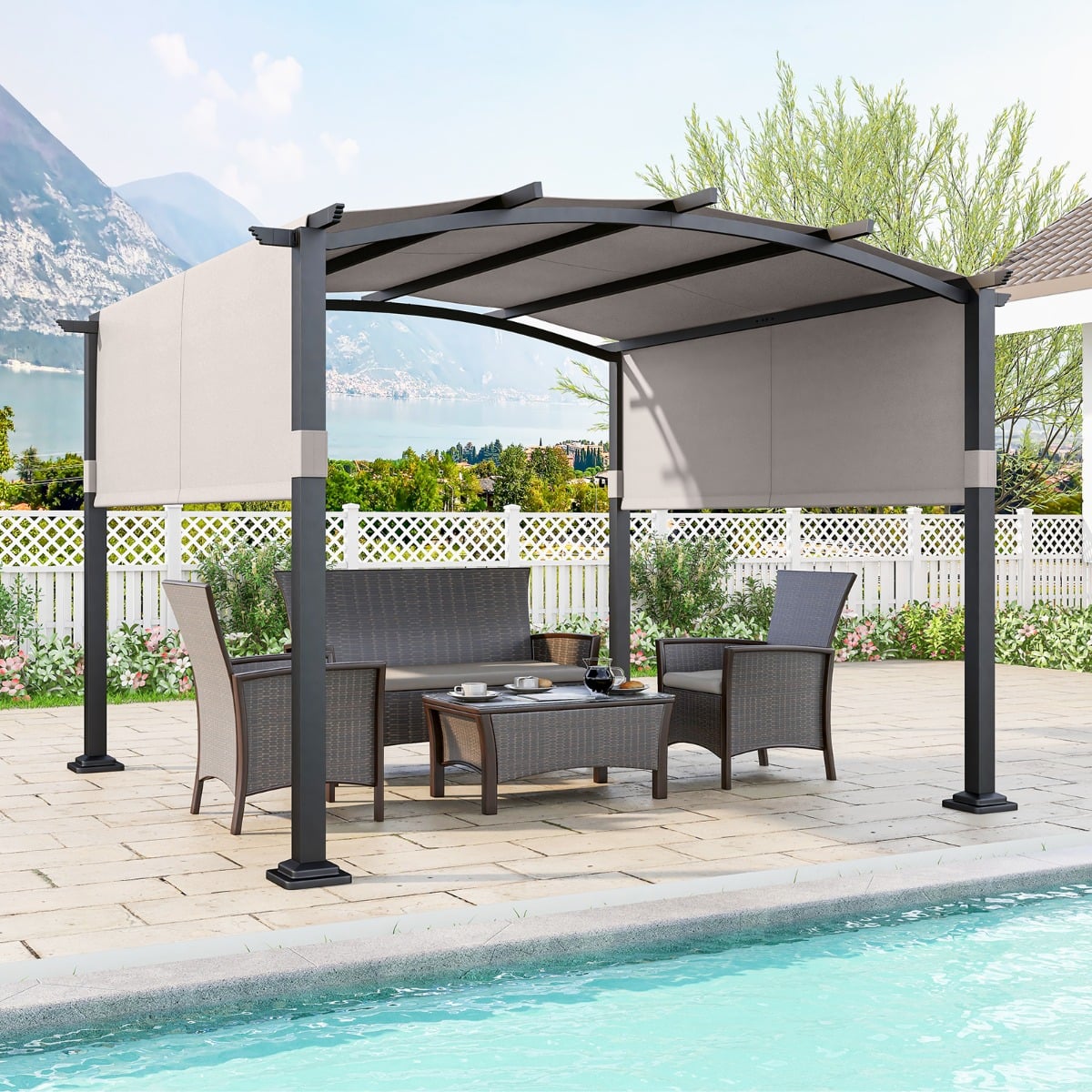 Outdoor Pergola with Retractable Sunshade Canopy and Anchored Plates-Beige - SGP Garden Ltd