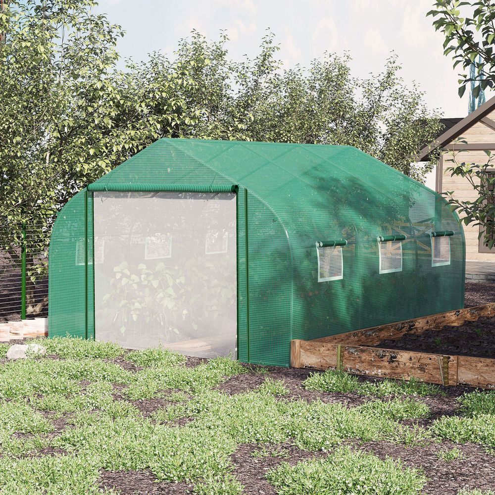 Outdoor Walk-in Garden Greenhouse - Zippered Roll Up Door, 6 Windows - 3.5x3x2m - Green - SGP Garden Ltd