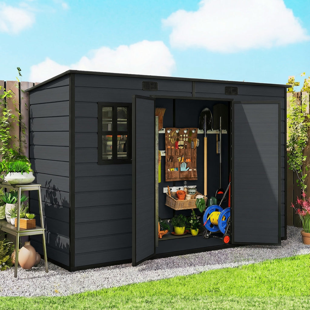 Outsunny 10 x 4 ft Resin Garden Shed, Outdoor Storage Shed with Floor, Windows, Lockable Doors and Vents, Dark Grey - SGP Garden Ltd