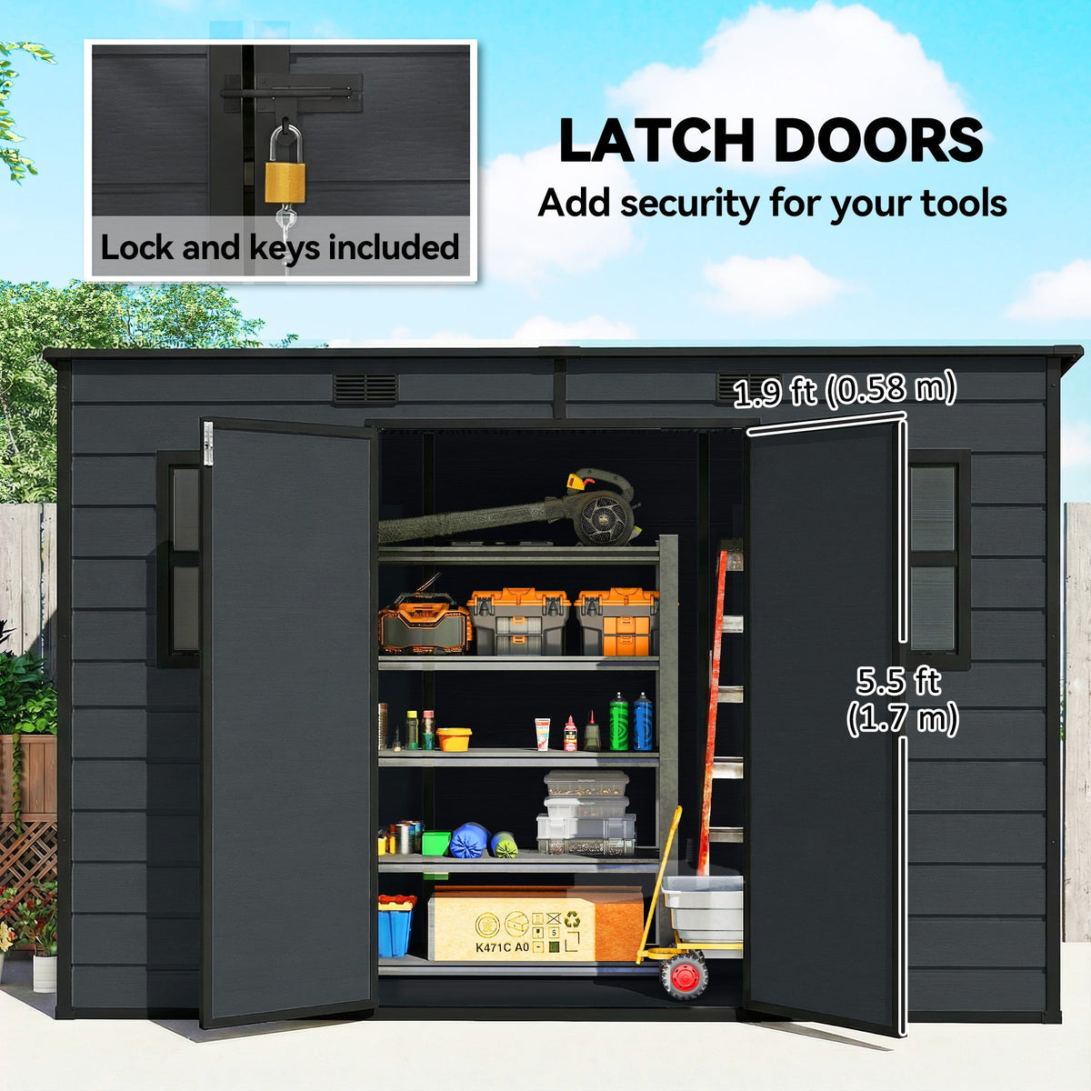 Outsunny 10 x 4 ft Resin Garden Shed, Outdoor Storage Shed with Floor, Windows, Lockable Doors and Vents, Dark Grey - SGP Garden Ltd
