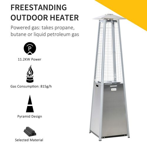 Outsunny 11.2KW Patio Gas Heater Pyramid Heater w/ Regulator Hose Cover, Silver - SGP Garden Ltd